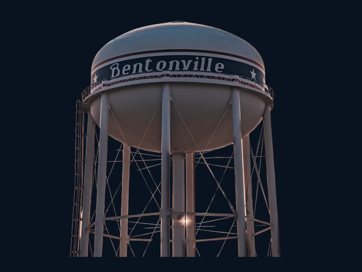 The water tower in downtown Bentonville, Arkansas
