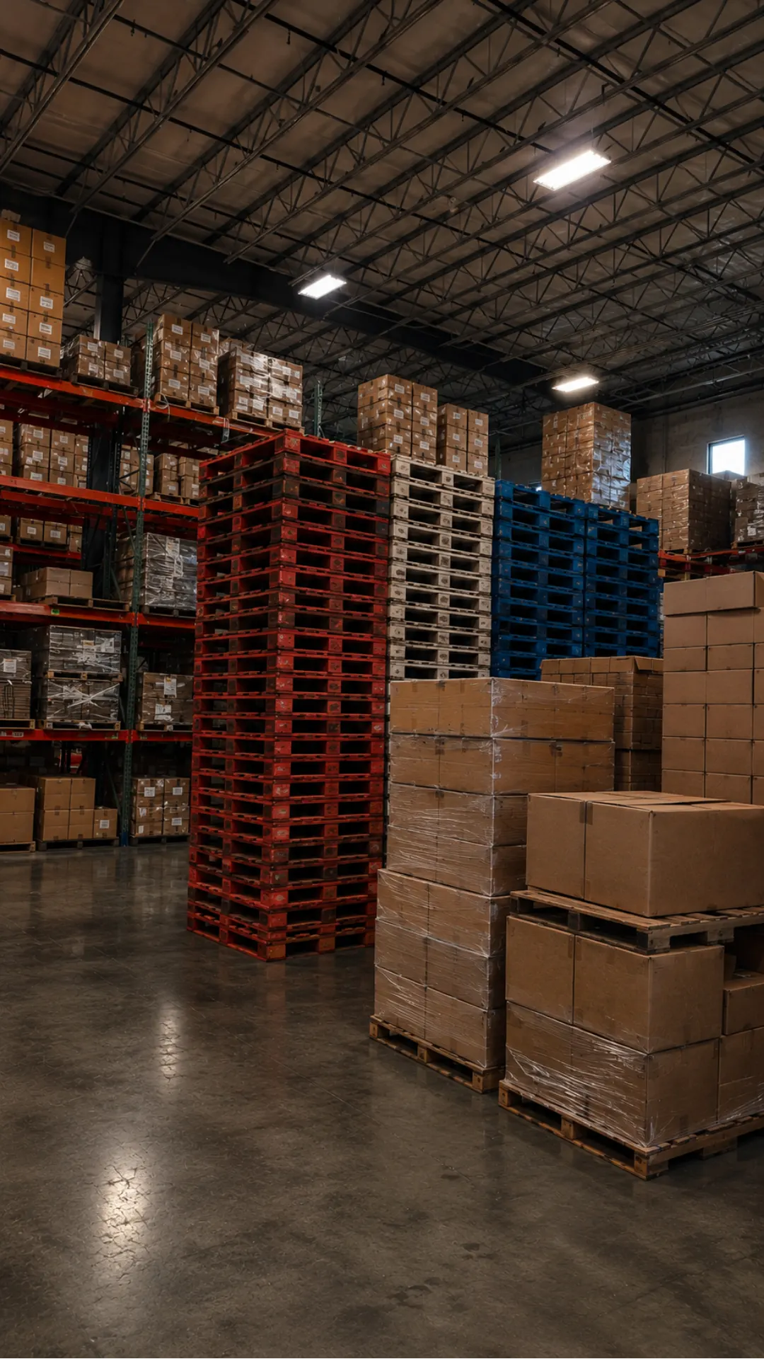 Red, white, and blue pallet stacks in front of stocked racking