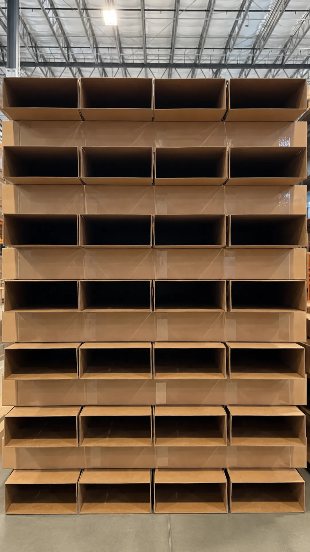 Open display trays stacked in tight rows awaiting packout