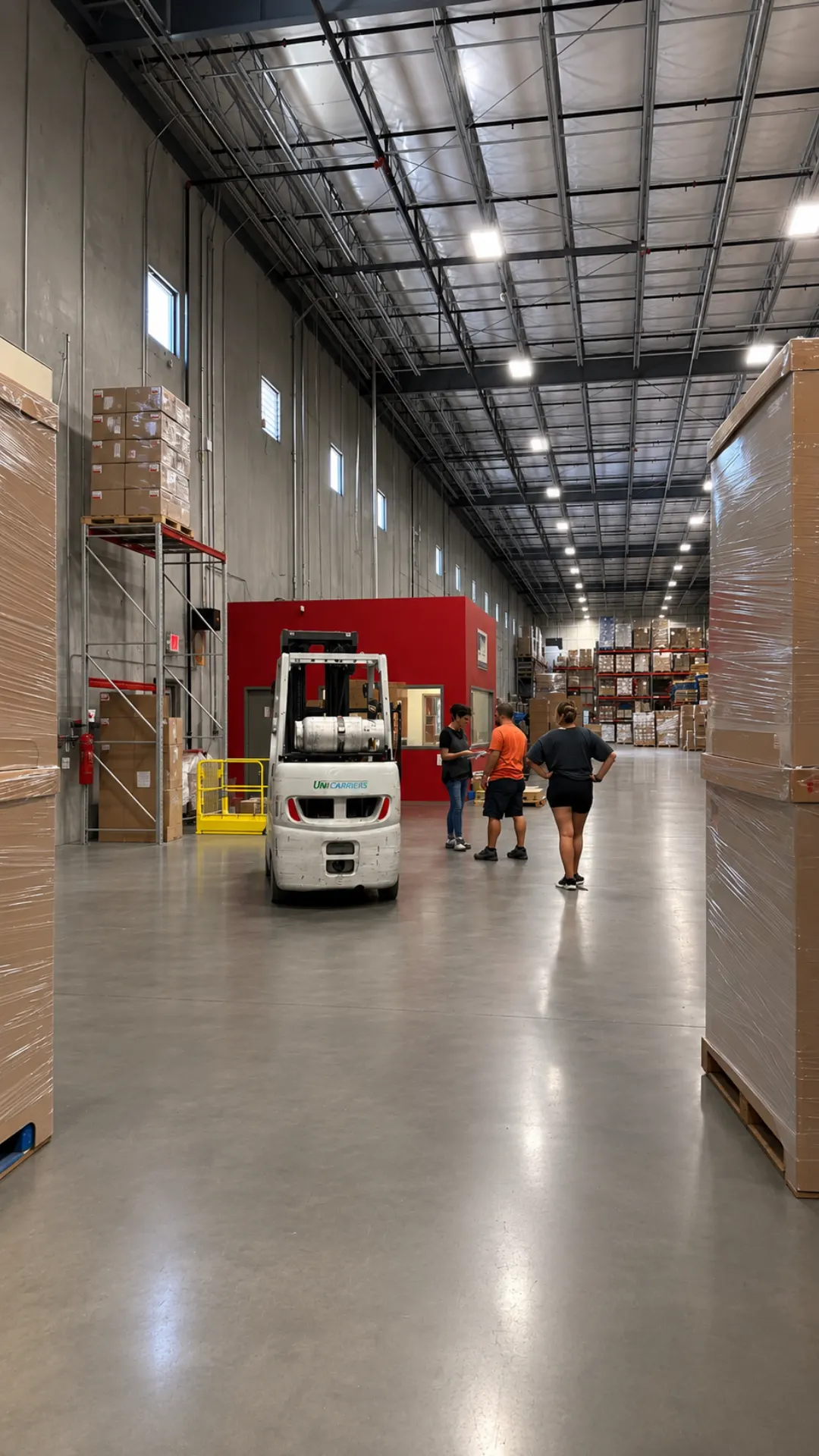Three crew members talking beside a forklift in a main warehouse aisle