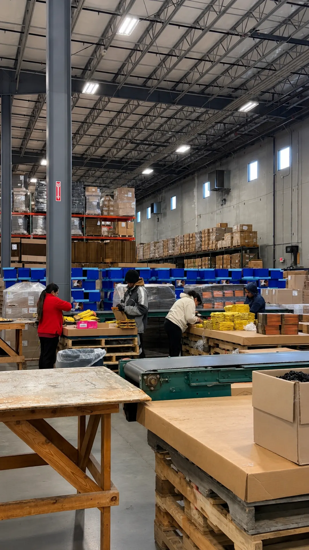 Crew members assembling kits at packing tables beside a conveyor