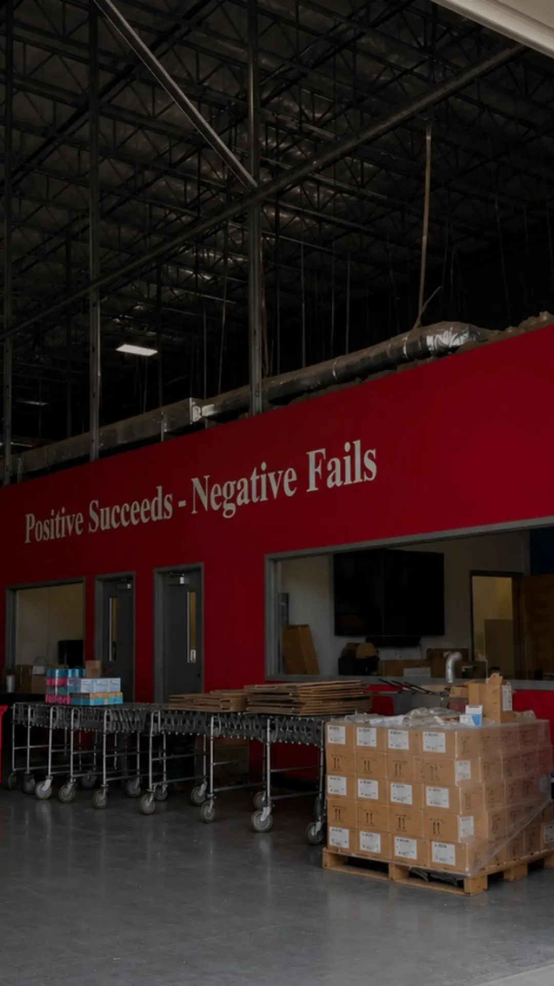 Red wall reading Positive Succeeds - Negative Fails above flexible conveyors