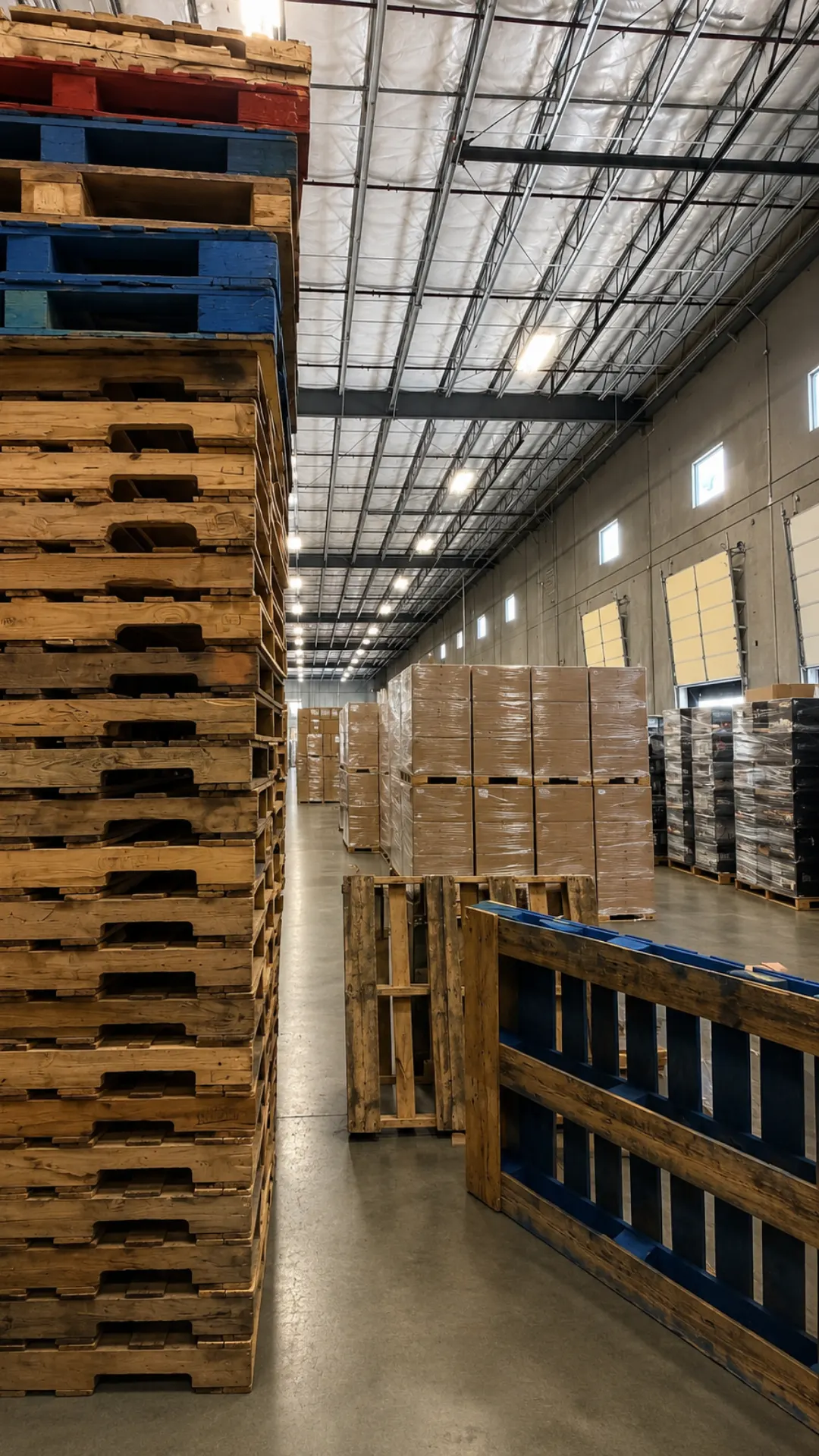 Stacked wooden pallets beside wrapped inventory down a long aisle