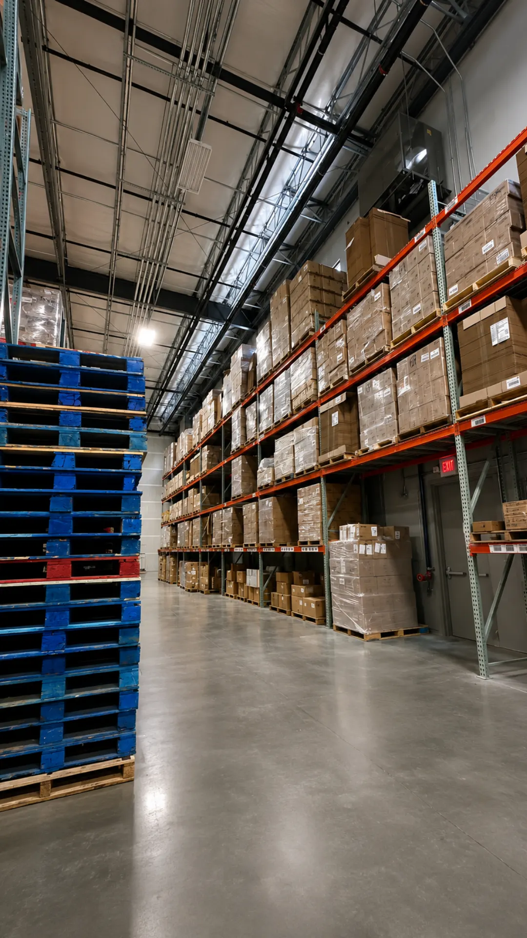 Stacked blue pallets beside racking loaded with cartons