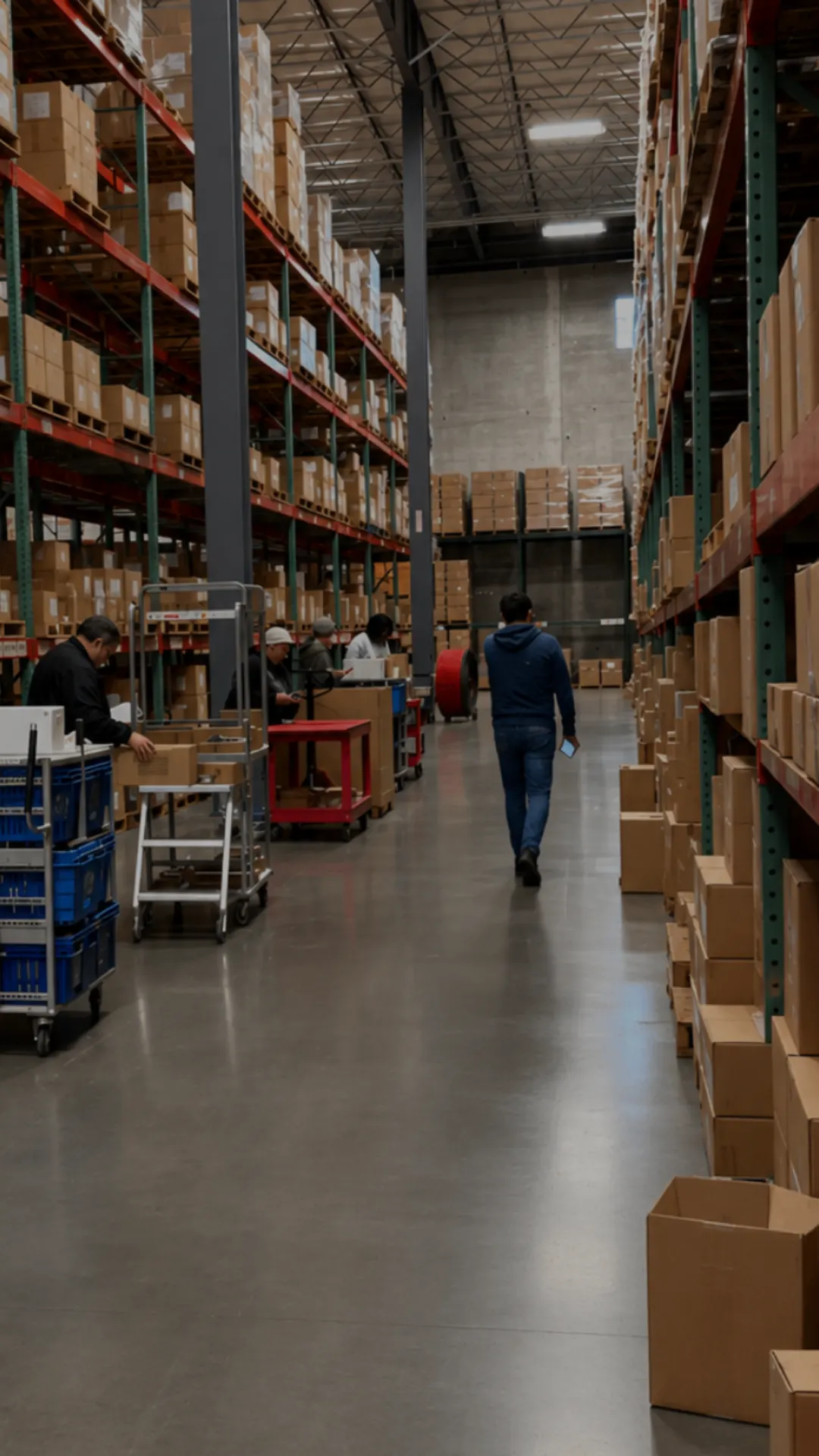 Crew picking orders with carts and blue totes in a racking aisle