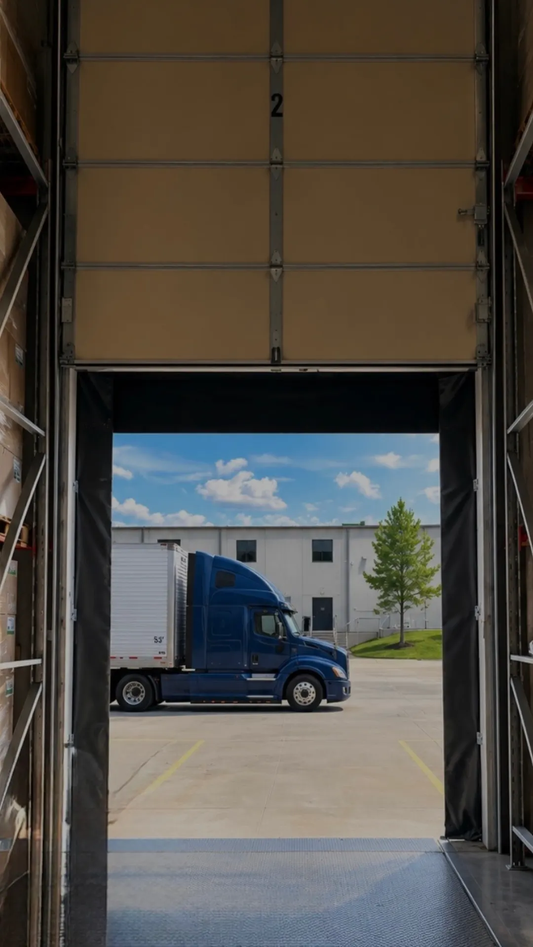 Blue semi truck with a 53-foot trailer seen through an open dock door