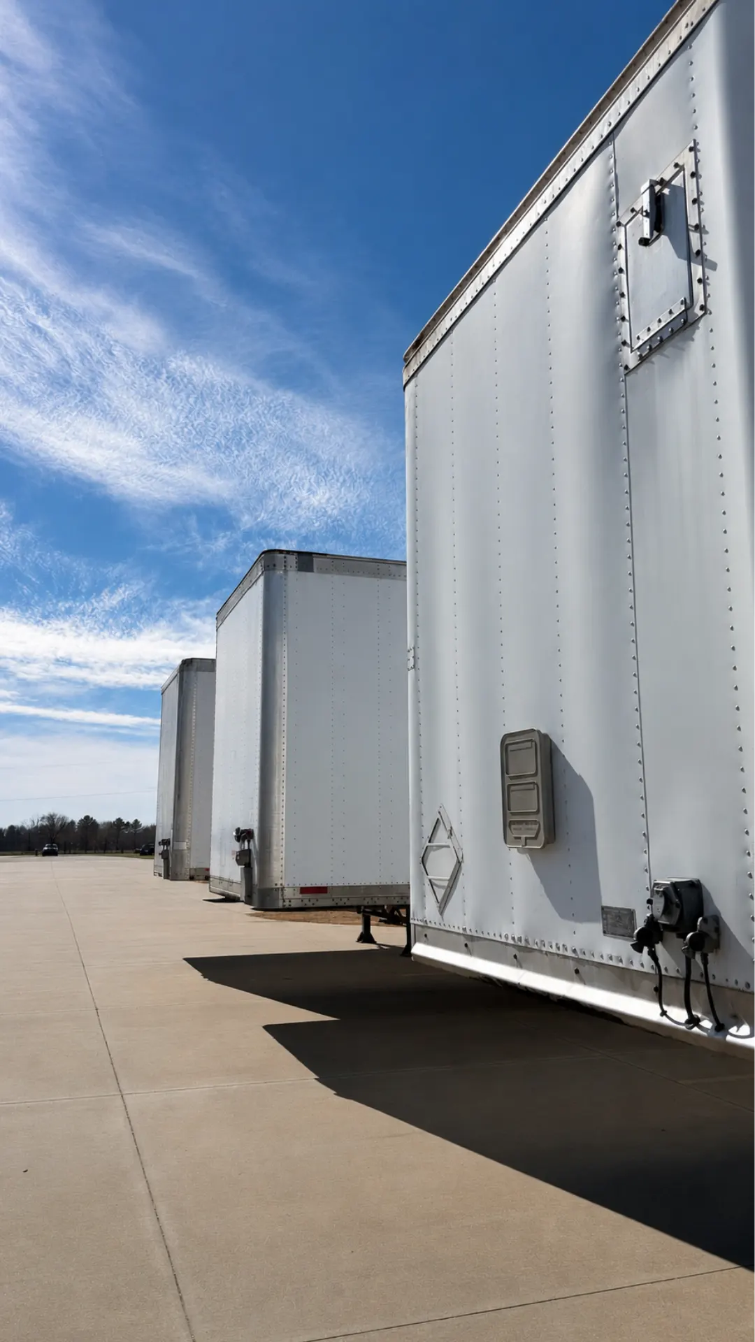 Row of white trailers parked at the yard under a blue sky